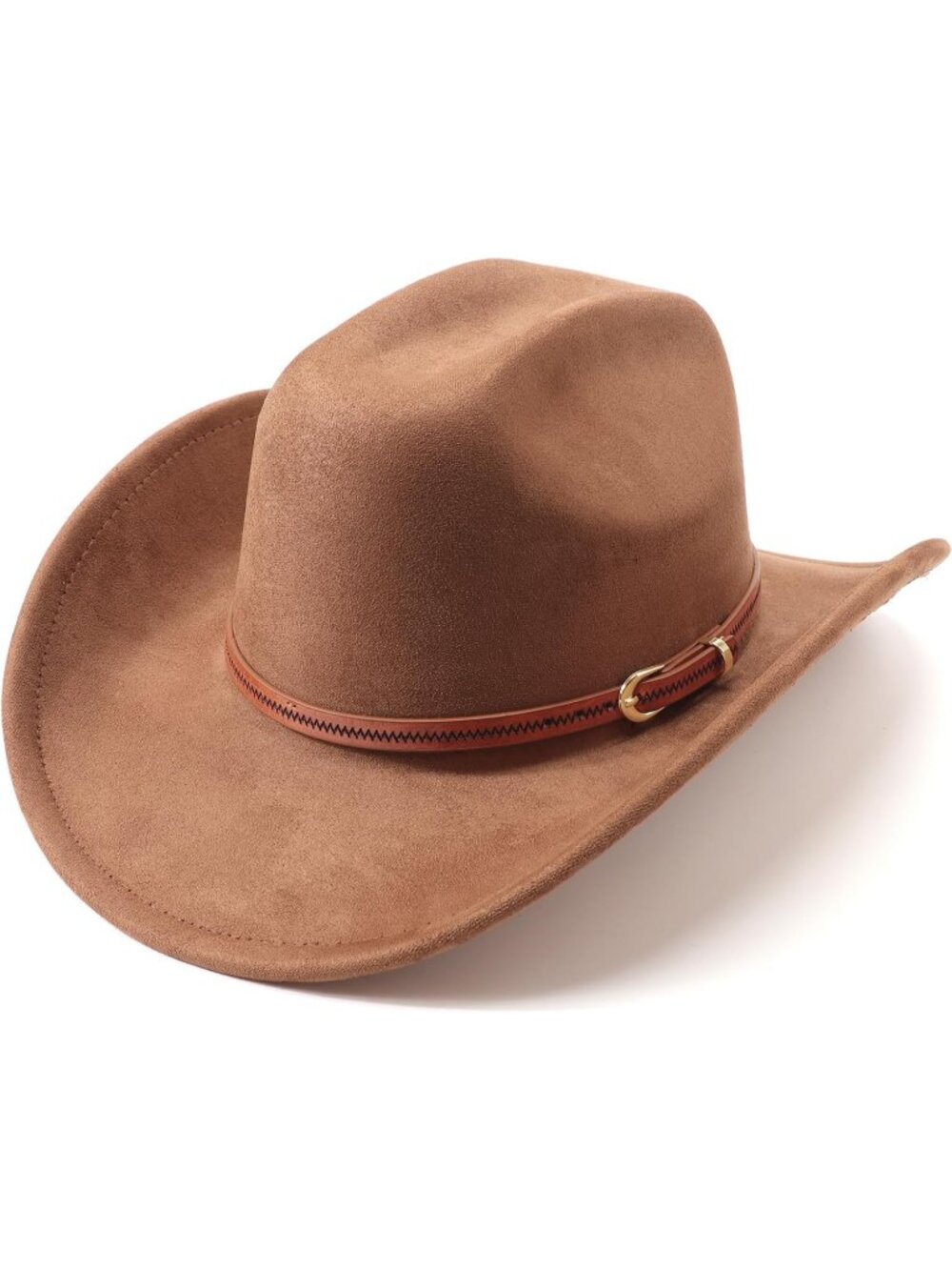 Unisex Brown Pull-On Classic Felt Wide Brim with Belt Buckle Western Cowboy Hat